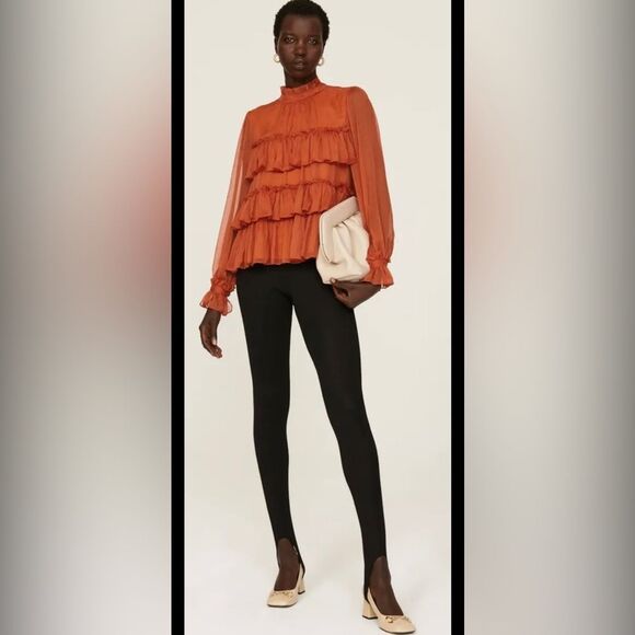 Adam Lippes Orange Cuffed Sleeve Blouse with Mandarin Collar, US0 - Picture 2 of 16